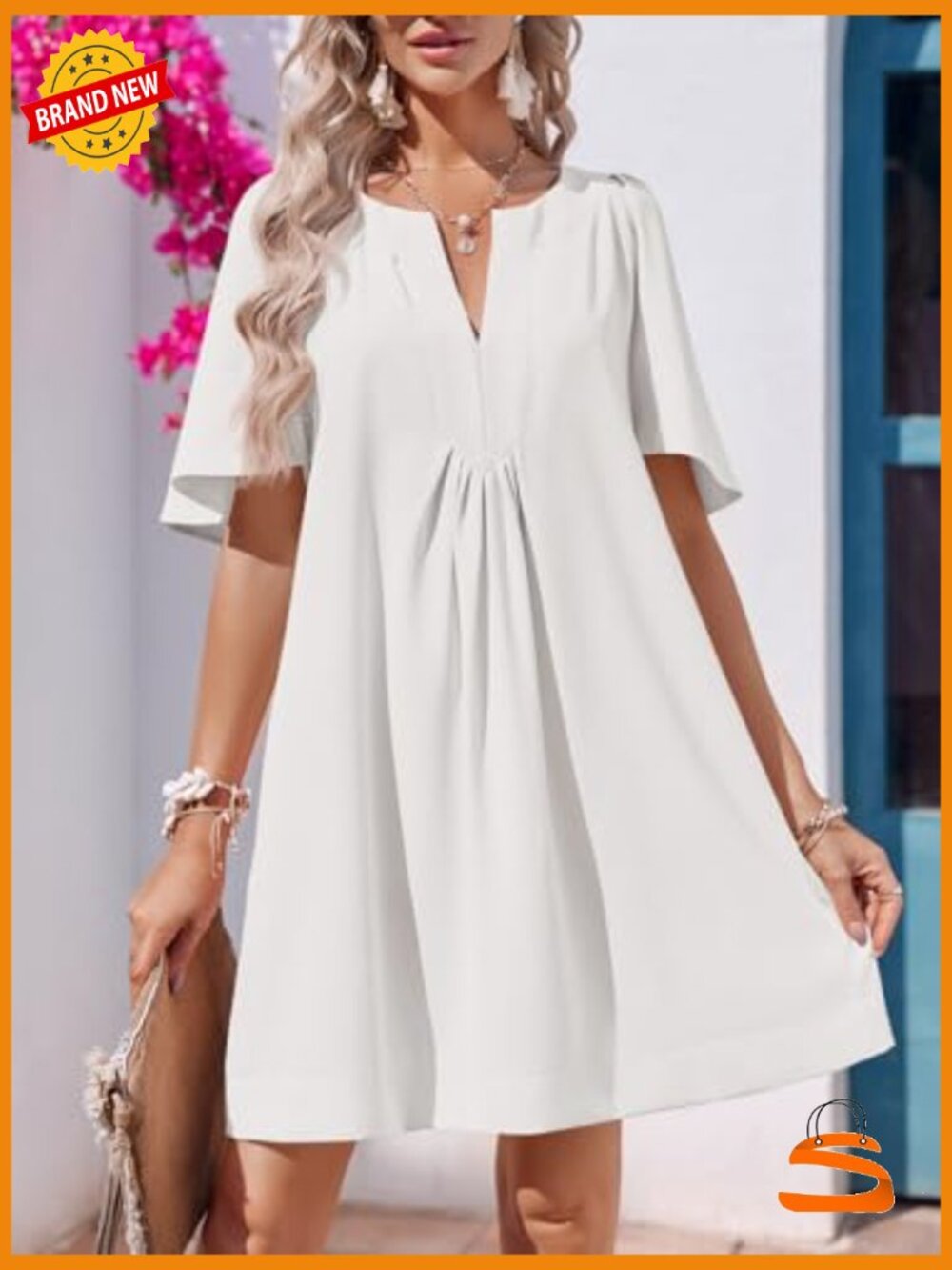 Flutter Short Sleeve Mini Dress V Neck Loose Flowy Summer Shift - Picture 2 of 7
